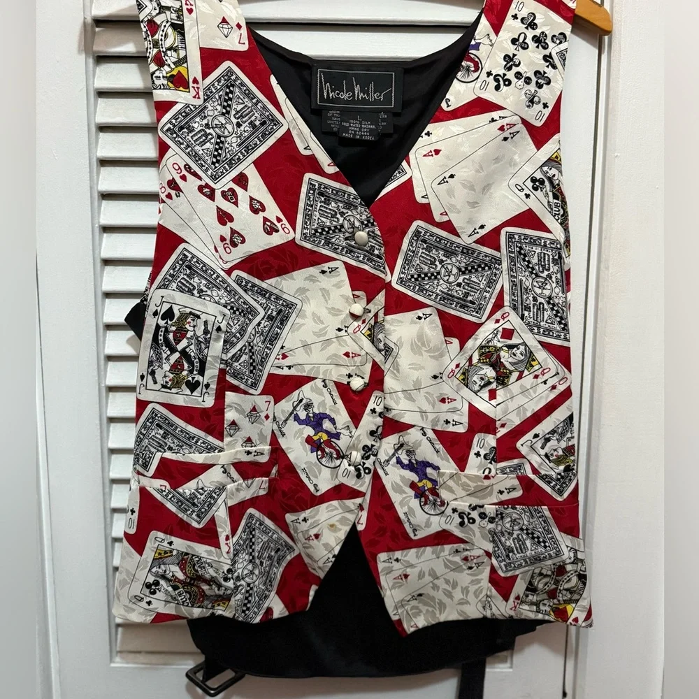 1992 Vintage Nicole Miller Silk Button Up Card Vest - Picture 2 of 9